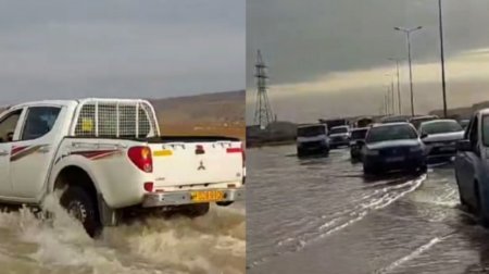 Azərbaycanda magistral yolu su basdı, sürücülər çətin anlar yaşadı   - VİDEO